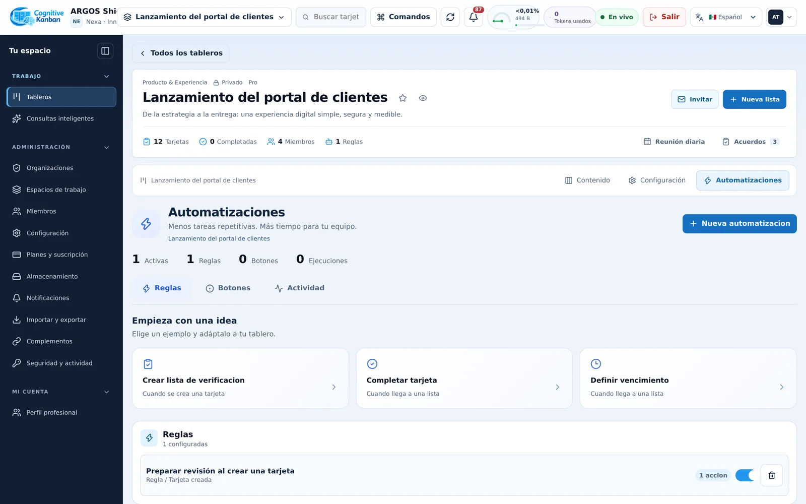 Panel de automatizaciones con reglas del tablero