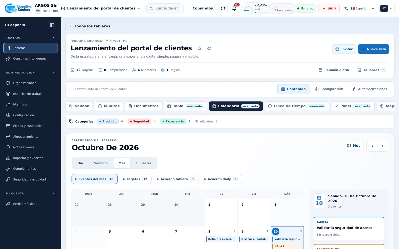 Calendario del tablero con tareas y acuerdos