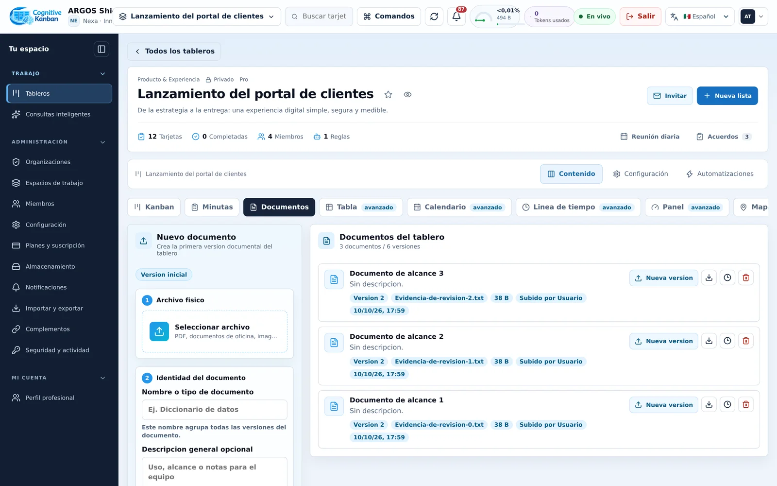 Documentos del tablero y su historial de versiones
