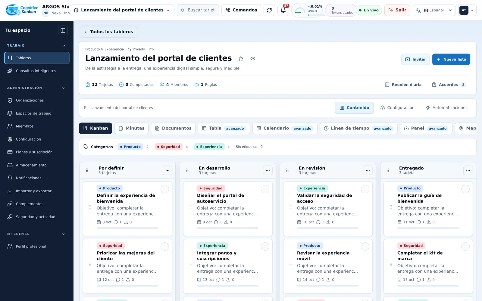 Tablero Kanban con tareas, categorías y etapas de trabajo