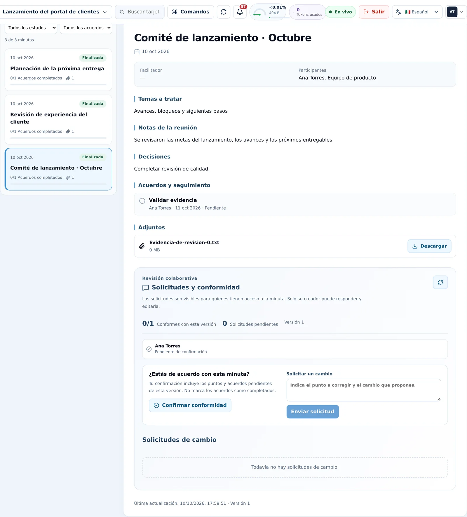 Minuta con decisiones, responsables y solicitudes de cambio